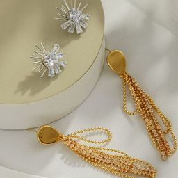 DressBerry Set of 2 Gold-Plated Brass Artificial Stones & Beads Geometric Drop Earrings-picture-48