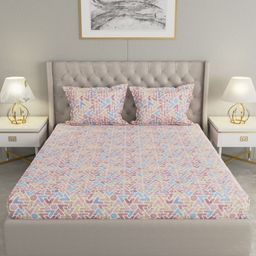 Raymond Home Peach-Coloured & White Geometric 200 TC Queen Bedsheet with 2 Pillow Covers-18
