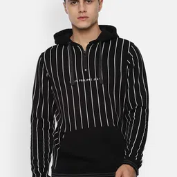 Louis Philippe Jeans Men Black & White Striped Pure Cotton Hooded Sweatshirt-image-5
