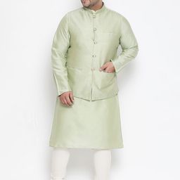 KISAH PLUS Men Olive Green & Off-White Solid Kurta Set with Jacket-14