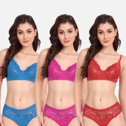 FIMS: Fashion is my Style Pink & Red Lace Work Lingerie Set - Pack Of 3-image-14