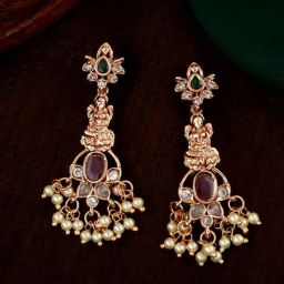 Estele Rose Gold-Plated CZ Lakshmi Devi Design Pearls Dangler Earrings-15