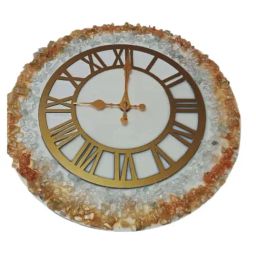 CHRONIKLE Golden Epoxy Resin Elegant Round Handcrafted Stone Art Analog Roman Numbers Wall Clock-15