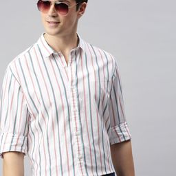 Mast & Harbour Men White & Teal Green Slim Fit Striped Casual Sustainable Shirt-image-3