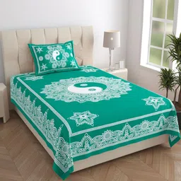 HOMELINE Jaipuri Green Printed Pure Cotton 144 TC Single Bedsheet Set 1.82 x 1.21 m-image-3