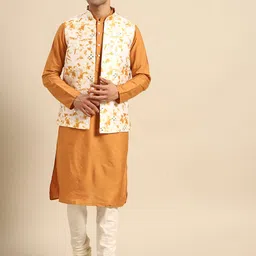 KISAH Men Mustard Yellow Ethnic Motifs Printed Mirror Work Kurta with Churidar & Jacket-picture-45