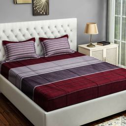 SWAYAM Grey & Maroon Striped 200 TC Cotton 1 Queen Bedsheet with 2 Pillow Covers-image-99