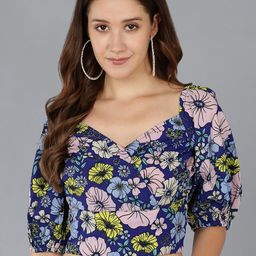 ZNX Clothing Floral Printed Puff Sleeves Crop Regular Top-image-76