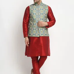 Benstoke Men Maroon Embroidered Angrakha Dupion Silk Kurta with Pyjamas-image-22