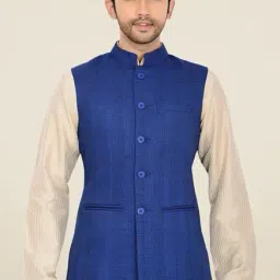 Manyavar Classic Blue Textured Ethnic Waistcoat-picture-17