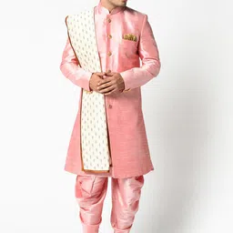 DEYANN Men Pink Woven Design Dupion Silk Sherwani with Dhoti Pants & Dupatta-picture-39