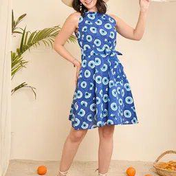 WineRed Women Graphic Printed Halter Neck Fit & Flare Knee Length Dress-image-61