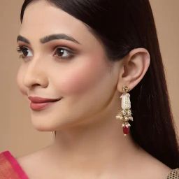 Dugran By Dugristyle Red & White Dangler Earrings with Kundan & Pearls for Women-image-88