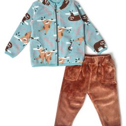 Mi Arcus 100% Polyester Full Sleeves Wild Life Theme Monkey Printed Winter Wear Jacket Set - Brown & Blue-image-28