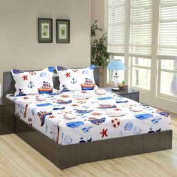 Trance Home Linen Cotton King Size Printed Kids Bedsheet with 2 Pillow Covers- Boat Blue-image-67