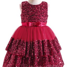 Mark & Mia Sleeveless Knee Length Sequined Layered Party Frock with Bow & Pearl Detailing - Maroon-image-96