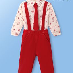 Babyoye 100% Cotton Knit Full Sleeves Christmas Theme Printed Shirt & Trouser Set with Tie - Red-image-36