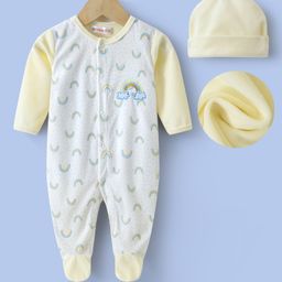 Kookie Kids Full Sleeves Front Open Rainbow Printed FootedRomper with Cap - Yellow-image-67
