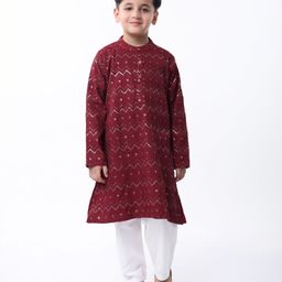 Babyhug Woven Full Sleeves Sequin Embroidered Kurta Pyjama Set - Maroon-image-50