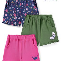 Babyoye Eco Conscious Cotton Knit Shorts With Floral & Animal Print Pack of 3 - Pink Green & Navy Blue-image-61