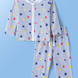Doodle Poodle 100% Cotton Knit Full Sleeves Striped Night Suit With Stars Print - Off White & Navy-image-65