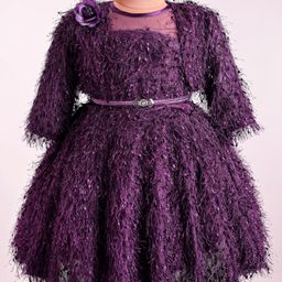 Enfance Fur Textured Floral Applique Dress With Full Sleeves Shrug - Purple-image-6