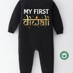 BLUSHES Diwali Theme 100% Cotton Full Sleeves My First Diwali Text Printed Romper - Black-picture-45