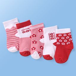 Doodle Poodle Cotton Knit Ankle Length Socks with Floral Design & Stripes Pack of 5 - White Pink & Red-image-90