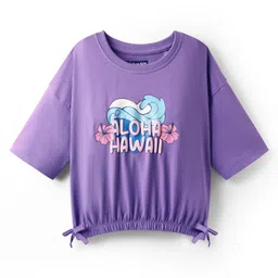Pine Kids Cotton Knit Half Drop Shoulder Sleeves T-Shirt with Beach Theme Print & Knot Detailing - Purple-picture-12