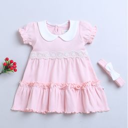 BUMZEE Interlock Knit Half Sleeves Schiffli Lace Embellished Frilled Detailed Frock With Headband - Pink-image-79