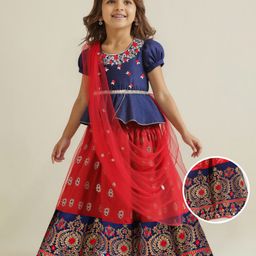 Babyhug Woven Half Sleeves Choli Lehenga Set & Dupatta With Sequin Floral Embroidery & Lace Detailing - Red-image-7