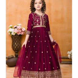 Lagorii Chiffon Three Fourth Sleeves Floral Embroidered Sequins & Lace Embellished Ethnic Gown With Leggings & Dupatta - Maroon-image-54