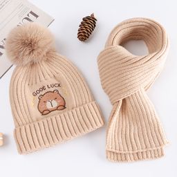 Babyhug Pom Pom Woollen Cap with Muffler & Bear Embroidery Light Brown - Diameter 11.5 cm-image-74
