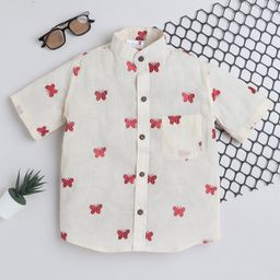 BAATCHEET Cotton Half Sleeves Butterfly Embroidered Shirt - Red-image-104