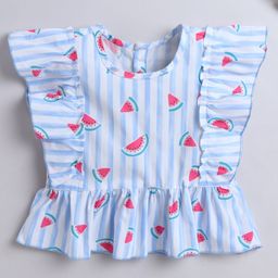 The Magic Wand Cotton Sleeveless Striped & Watermelon Printed Frill Detailed Top - Blue-image-40