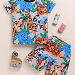 Little Marine Cotton Knit Half Sleeves Wild Animals Printed Tee & Cooridnating Shorts Set - Multi Colour-image-85