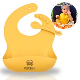 ZoZoBaa Silicone Baby Bib with Easy Grip Spoon For Feeding Toddlers|Waterproof & Reusable Bib with button for Infants |Soft, Light Weight, BPA Free, 2 Set, Mango Yellow-48
