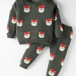 Simply Knitted Full Sleeves Pullover Co-Ord Sweater Set With Fox Design - Olive Green-picture-13