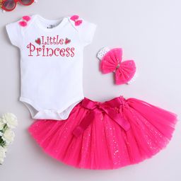 TINY MINY MEE Elastane Knit Half Sleeves Little Princess Text Printed Onesie With Bow Applique Detailed Tutu Skirt & Headband - Magenta-image-79