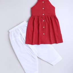 Aww Hunnie 100% Cotton Sleeveless Striped Thread Katha Work Detailed Kurta Salwar Set - Red-picture-19