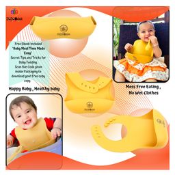 ZoZoBaa Silicone Baby Bib with Easy Grip Spoon For Feeding Toddlers|Waterproof & Reusable Bib with button for Infants |Soft, Light Weight, BPA Free, 2 Set, Mango Yellow image 4