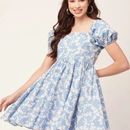 Moomaya Blue Floral Print Fit & Flare Dress-image-60
