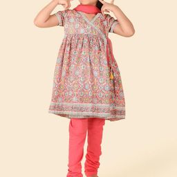 Fabindia Girls Ethnic Motifs Printed Pure Cotton Angrakha Kurta with Churidar & Dupatta-image-82
