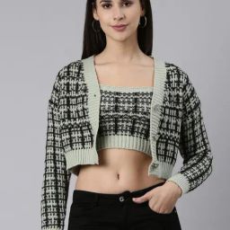 SHOWOFF Sea Green & Black Crochet Pattern Front-Open Cropped Sweater-36