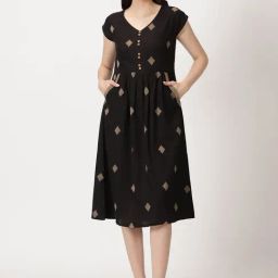 Saffron Threads Black Geometric Print Midi Dress-image-75