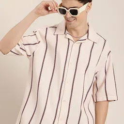 HERE&NOW Knitted Striped Relaxed Fit Casual Shirt-image-49