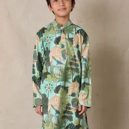 Anthrilo Boys Band Collar Floral Printed Pure Cotton Straight Kurta-image-58