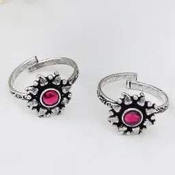 Teejh Ethnic Miraya Pink Stone Silver Oxidized Toe Rings for Women-image-96