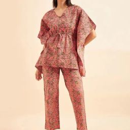 Sweet Dreams Peach Cotton Floral Print Kaftan Pyjama Set-picture-1