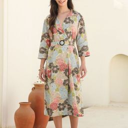 JISORA Women Floral Printed A-Line Midi Dress With Belt Detailed-image-55